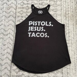 Girls With Guns "Pistols Jesus Tacos" High Neck Rocker Tank Black/Silver - Large